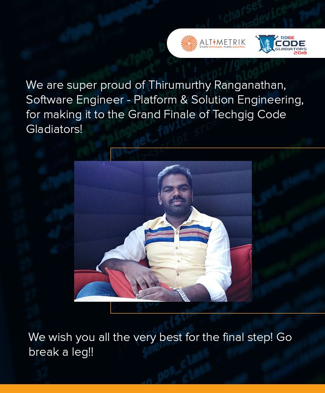 Altimetrik's tweet photo. Yoo-hoo!!! Congrats Thiru...Way to go!! #Techgig #CodeGladiator #Hackathon #CodingChallenge #GeniusCoder https://t.co/Ohy1WVWLlz