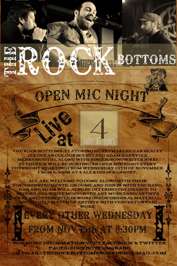 rockbottomsprom's tweet photo. It’s our Open Mic at @4aleandgin, #banbury (The old Coach & Horses), TONIGHT, 8:30 start.
#openmic #oxford #livemusic #oxfordshire #gigs #entertainment #oceancolourscene #ocs #merrymaker #merrymouth #themisers
RT @FindAnOpenMicban https://t.co/bUuKZSeNv0