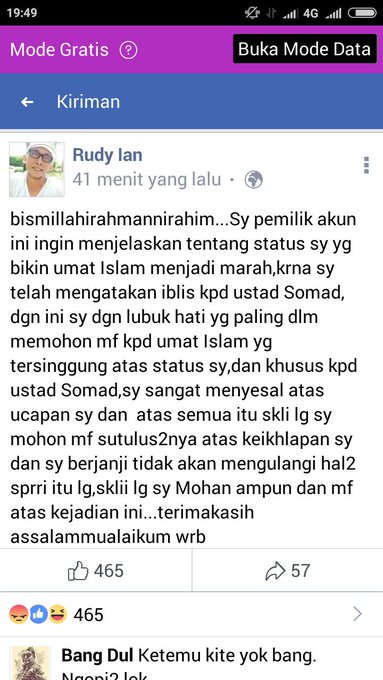 Permohonan maaf Rudy Ian di Facebook