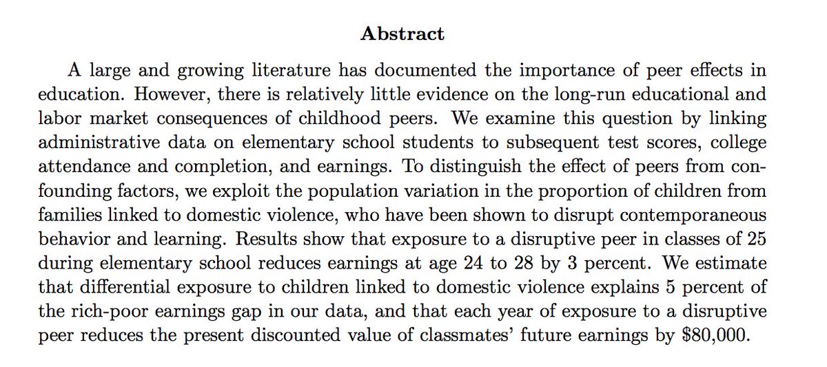 Carrell, Hoekstra, and  @EliraKuka (2017) "The Long-Run Effects of Disruptive Peers" http://elirakuka.weebly.com/uploads/1/0/0/6/10064254/chk.2017.07.20.pdf