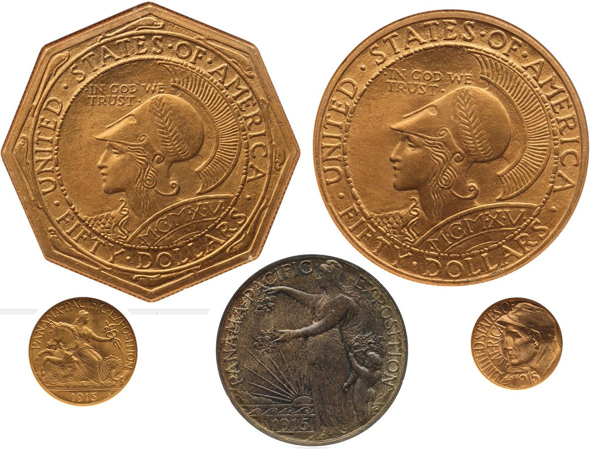 NGCcoin's tweet photo. Auction alert: An NGC-certified 1915 Panama-Pacific commemorative set that was sold this week in a @Sothebys auction realized $275,000, beating its pre-auction estimate. Read more here: https://t.co/IV7YuUAMSW ... #coin #coins #numismatics #coincollecting #panpac #gold #auction https://t.co/GCrhNVgxiY