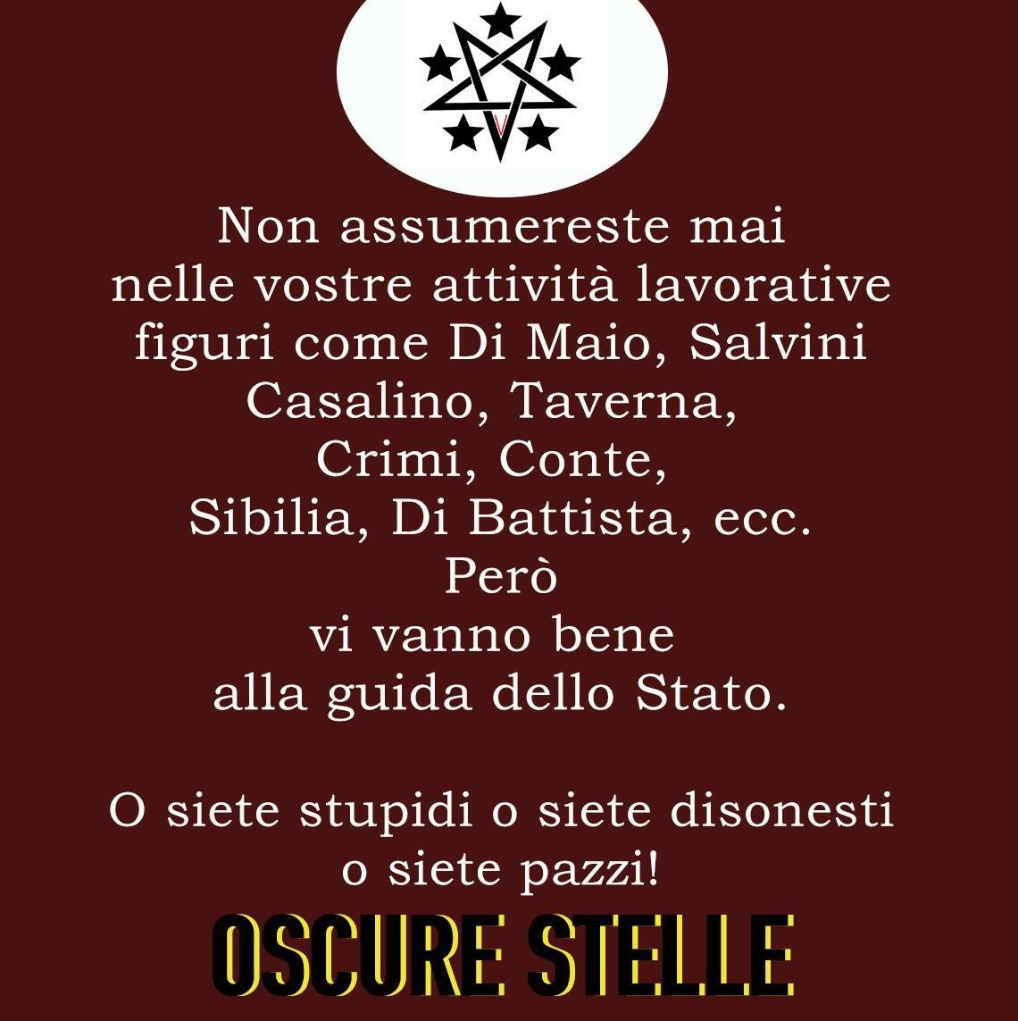 Oscure_Stelle's tweet photo. ▶︎ Stupidi, Disonesti, Pazzi ▶︎
#OscureStelle #StelleOscure #2più2fa4 #iononmeritolesistenzadelM5s #eversione5stelle #impostura5stelle #vincolodintelletto #noOclocrazia #turpiloquiOstativo #DiMaioZero #NoRedditoCittadinanza #antiSistemaStoCazzo #Rageagainst5s https://t.co/fXLKuye7lj