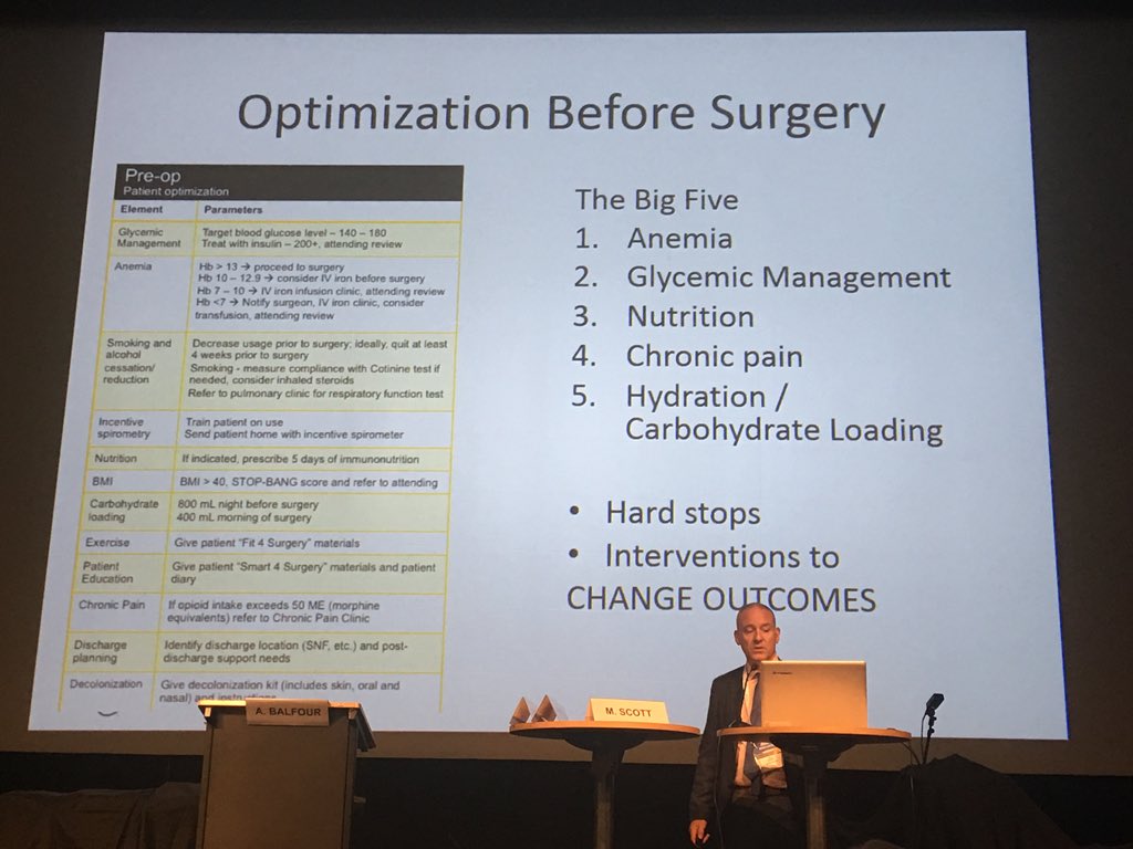 traceymtay's tweet photo. #MScott on role of anaesthetists in ERAS. He says to patients, “30% of the outcome is up to you”. Need much more emphasis on nutrition. #ERAS2018 https://t.co/1355gNllbz