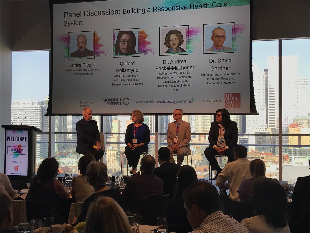 TheGlobeEvents's tweet photo. The day's first panel is underway at the CAMH #DifferenceMakers Symposium! 💪

@picardonhealth moderates a panel of Clifford Ballantyne, @NIMHgov's Dr. Andrea Beckel-Mitchener, &amp; Dr. David Gardner. Together, they offer approaches to improving access to HQ, person-centred care. https://t.co/rOQcpzH2XB