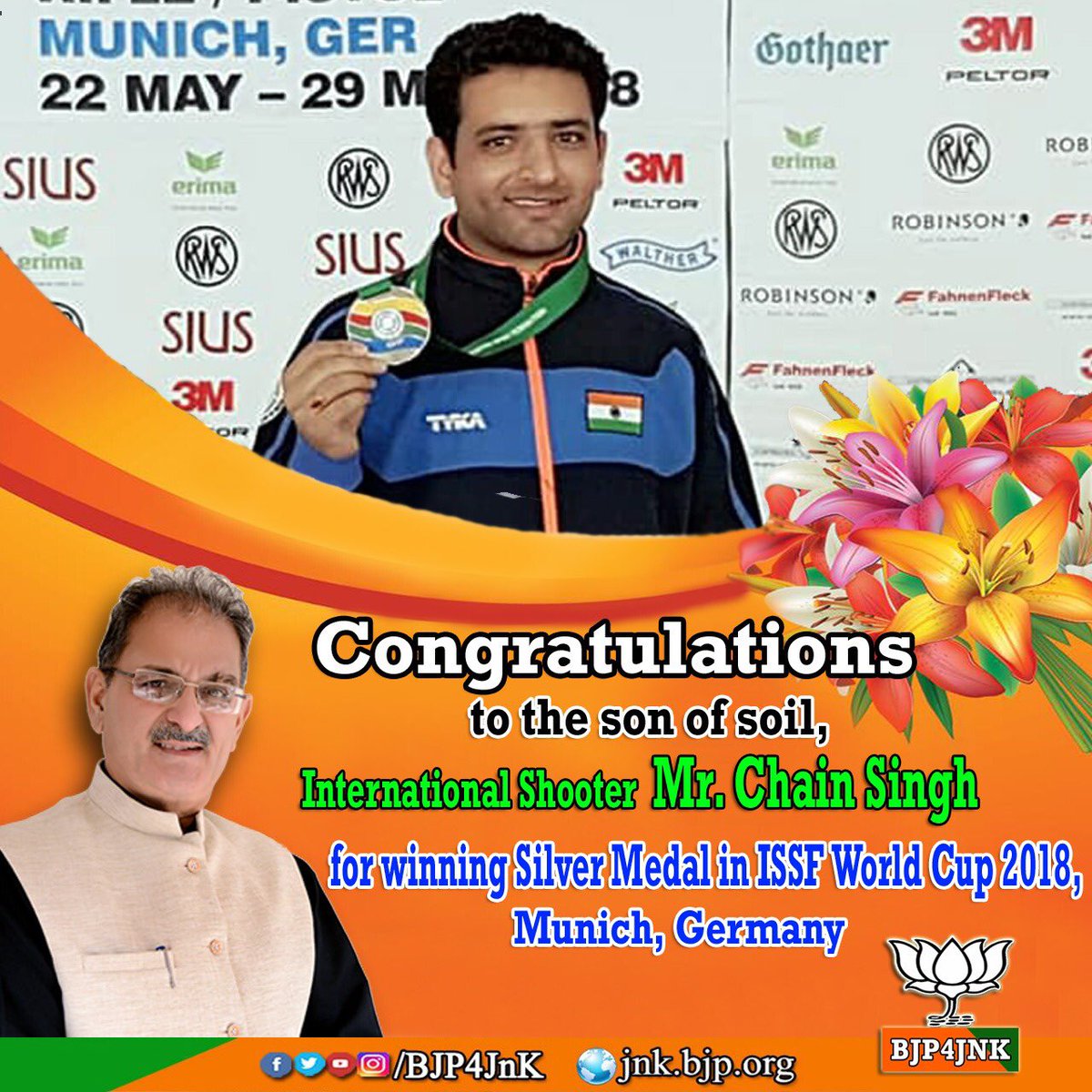 BJP4JnK's tweet photo. #Congratulations to the son of soil,
International Shooter Mr. Chain Singh
for winning Silver Medal in ISSF World Cup 2018, Munich, Germany. https://t.co/FKKrgtEovy