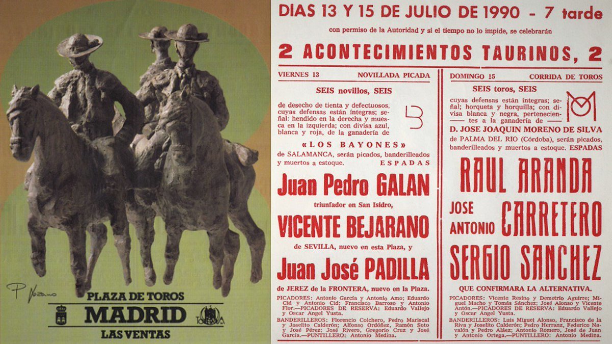 Maxi_Perez_'s tweet photo. Carteles del debut como novillero y de la confirmación de alternativa de Juan José Padilla @Padillaelpirata en Madrid. Años 1990 y 1995. #ElEsporton #Maxipedia https://t.co/dRJH1opbKY