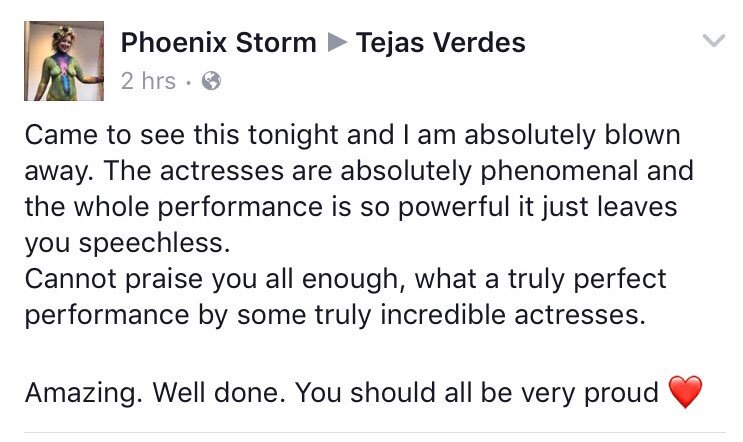 TheDisappeared_'s tweet image. Thank you to Phoenix Storm for these incredibly kind words about last nights performance, .@TheDisappeared_ couldn’t be more excited to be back on stage tonight. Only 4 more performances left, don’t miss out. #theatre #Shoreditch .@LOVEtheatrecom