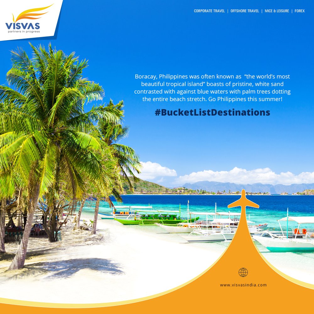 VisvasVoyages's tweet photo. Boracay, Philippines was often known as “the world’s most beautiful tropical island” boasts of pristine, white sand contrasted with against blue waters with palm trees dotting the entire beach stretch.  
#BucketListDestinations

Visit: https://t.co/FdiK5Of9Bx https://t.co/QdipNsKVBA