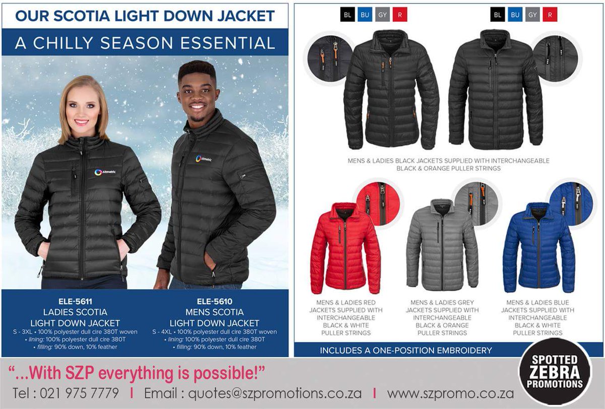 SZPROMOSA's tweet photo. Our SCOTIA light down Jacket! A chilly season essential!
Order now! quotes@szpromotions.co.za
#winterwarmerjacket #spottedzebrapromotions #BrandedJackets #CorporateBranding #BrandedItem #Advertising #Branding #MarketingDigital https://t.co/E3vPwS3xur