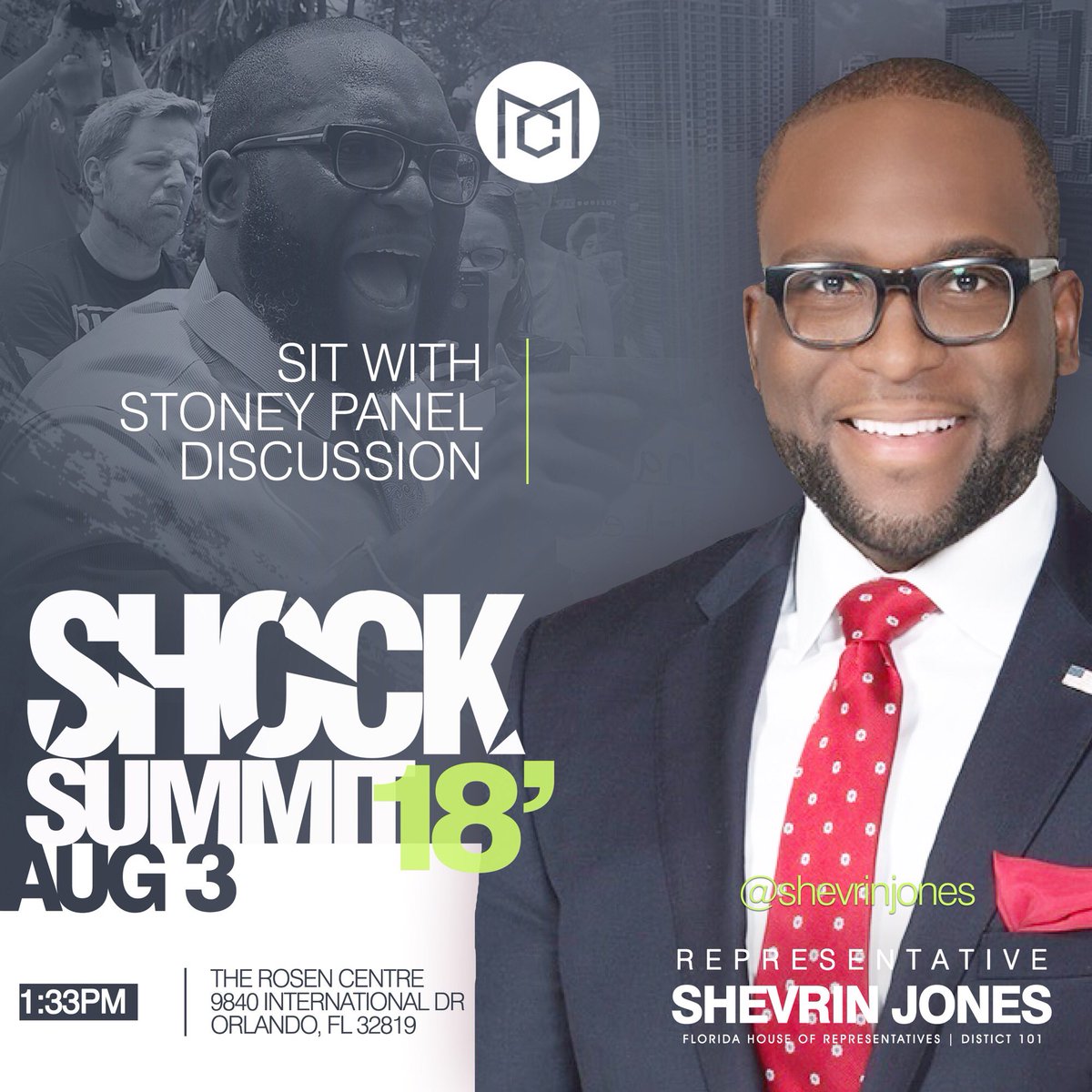 MaxoutChurch's tweet photo. SHOCK SUMMIT ANNOUNCEMENT‼️

Friday, Aug 3rd @ 1:33 pm @rosenhotels we will host our #SitWithStoneyPanel Discussion entitled, ”From Readers 2 Runners” 

Come &amp; hear the journey, &amp; the story of FL St. Rep @ShevrinJones 

Register Today for #SS2018 @ theshocksummit@eventbrite.com https://t.co/W2KlL3sFAj