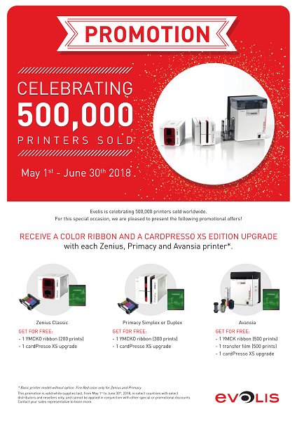 Special offer on <a href="/evolisprinters/">Evolis</a>  Receive a colour ribbon and a Cardpresso XS edition upgrade with each Zenius, Primacy and Avansia printer. Call us on 01295 660 017 to order before 30th June 2018 ow.ly/u8EO30k8O8F
