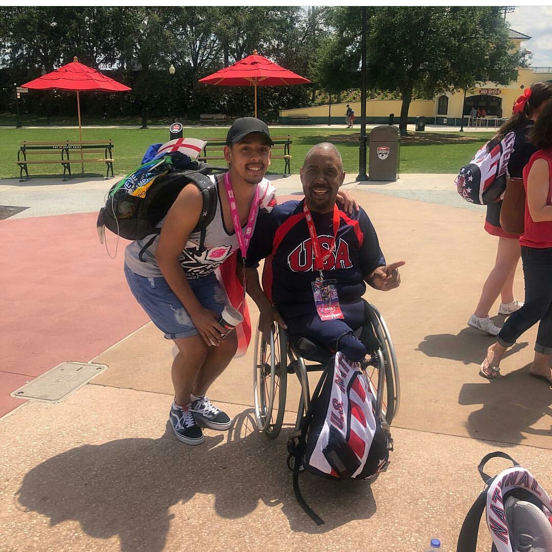 Cheerfromheadto's tweet photo. Love this picture of kai and Team USA  para athlete Ricky .  We love how this sport bring people together who are all on different path in life.

@ParaCheerMidUS
#ukcheer #cheer #paracheer #worlds2018 
#cheerlife #love https://t.co/2vlO7meFQf