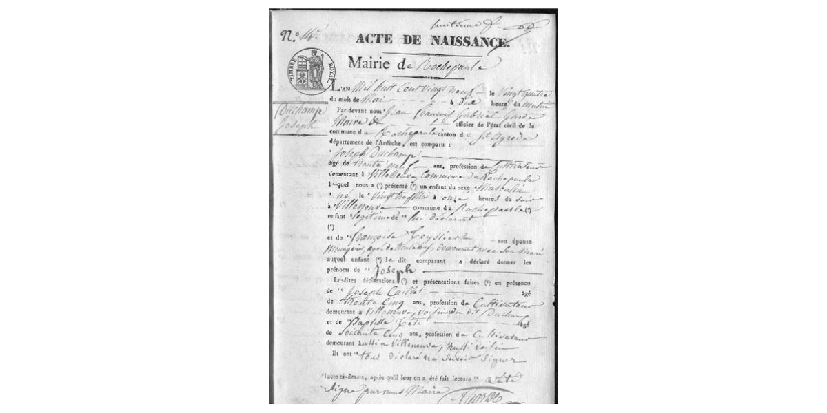 LDGenealogie's tweet photo. #1J1Ancêtre Le 23/05/1829 à Rochepaule (07) est né mon #AAAAGP #DUCHAMP Joseph fils de François &amp; #TEYSSIER Françoise mariés le 11/03/1824. Joseph 3ème de sa fratrie, 3 soeurs-3 frères, se marie avec #FRAISSE Anne Marie Sophie, le 07/02/1858. C'est là que naîtra Pierre Florentin. https://t.co/RGdxvw1dJV