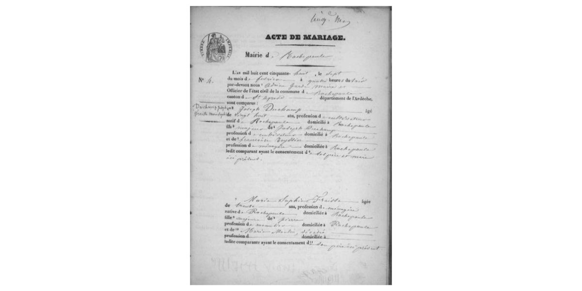 LDGenealogie's tweet photo. #1J1Ancêtre Le 23/05/1829 à Rochepaule (07) est né mon #AAAAGP #DUCHAMP Joseph fils de François &amp; #TEYSSIER Françoise mariés le 11/03/1824. Joseph 3ème de sa fratrie, 3 soeurs-3 frères, se marie avec #FRAISSE Anne Marie Sophie, le 07/02/1858. C'est là que naîtra Pierre Florentin. https://t.co/RGdxvw1dJV