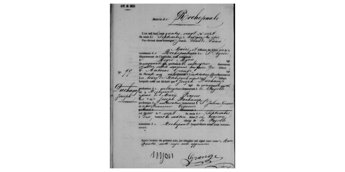 LDGenealogie's tweet photo. #1J1Ancêtre Le 23/05/1829 à Rochepaule (07) est né mon #AAAAGP #DUCHAMP Joseph fils de François &amp; #TEYSSIER Françoise mariés le 11/03/1824. Joseph 3ème de sa fratrie, 3 soeurs-3 frères, se marie avec #FRAISSE Anne Marie Sophie, le 07/02/1858. C'est là que naîtra Pierre Florentin. https://t.co/RGdxvw1dJV