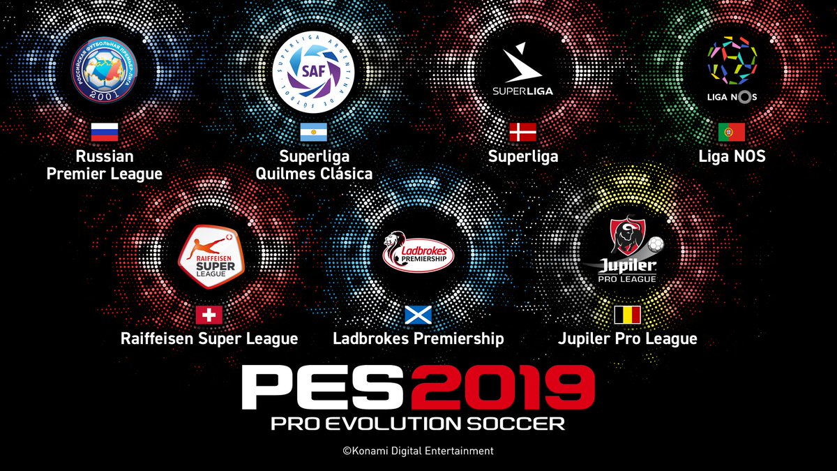 • #PES2019 - 7 nouvelles ligues complétement sous licence !
- - -
Retrouvez les ligues Belge, Écossaise, Danoise, Suisse, Russe, Portugaise et Argentine.
Avec la ligue Russe exclusive à #PES !
.....
> konami.com/wepes/2019/eu/…