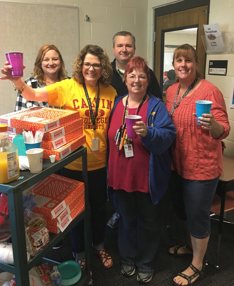 Received a happy surprise this morning as the North PTA gifted teachers with Dunkin Donuts coffee, orange juice and treats! #bestplacetowork #d45Learn4life <a href="/D45North/">North School</a>