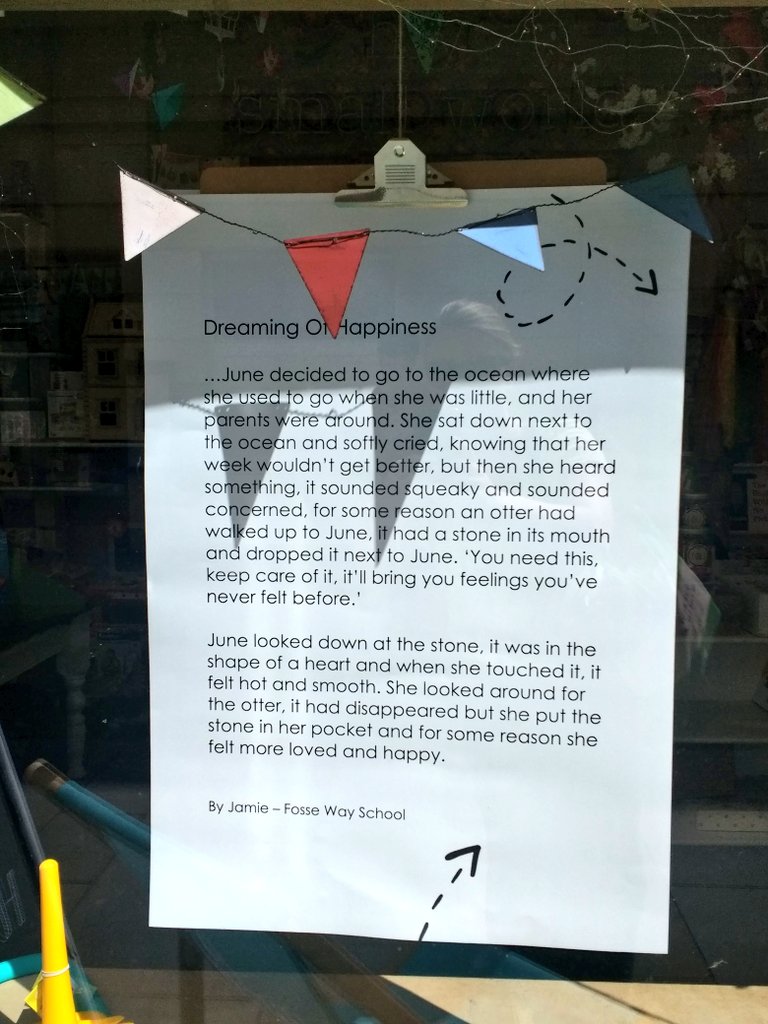 We've found the next one in the #BathFestivals <a href="/PaperNationsUK/">Paper Nations</a> #WordsontheStreet Story Trail! 'Dreaming of Happiness' by Jamie at <a href="/FosseWaySchool/">Fosse Way School</a> in the window of <a href="/mysmallworldtoy/">My Small World</a>