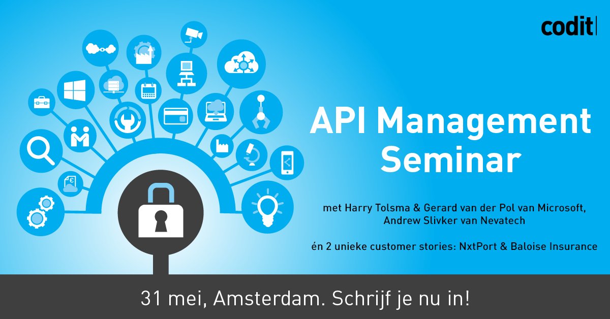 CoditCompany's tweet photo. Binnen 1 week is het zover: #API Management Seminar @westergasfbrk. Zet samen met #CoditNL de volgende stap voor uw API strategie én ontdek enkele succesvolle #API case studies. Registreer vandaag nog: https://t.co/6a2hAP7kmf https://t.co/YCHIRJ65t8