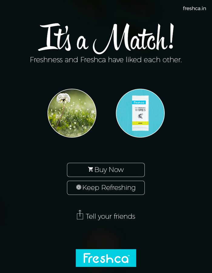 FreshcaOfficial's tweet photo. With Freshca, find a match so good, you’ll swipe right instantly!
#Freshca #Tinder #Match #WetWipes #RefreshingWipes #Hygiene #Health #Healthcare #Freshness #GoodHealth #BeatTheHeat https://t.co/0SWejkE4k2