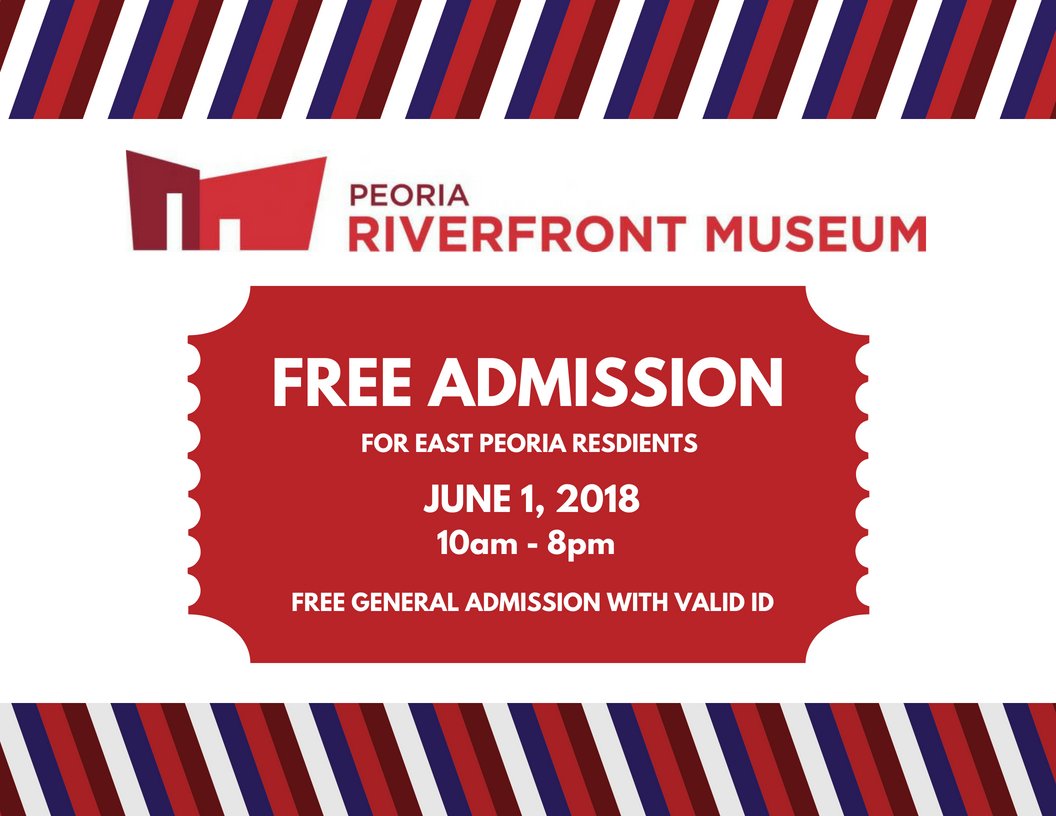 EastPeoriaCC's tweet image. EAST PEORIA RESIDENTS: On June 1st, all East Peoria residents will be given free general admission to the Peoria Riverfront Museum! Bring an ID to show proof of residency and see what it's like to be a member for the day!