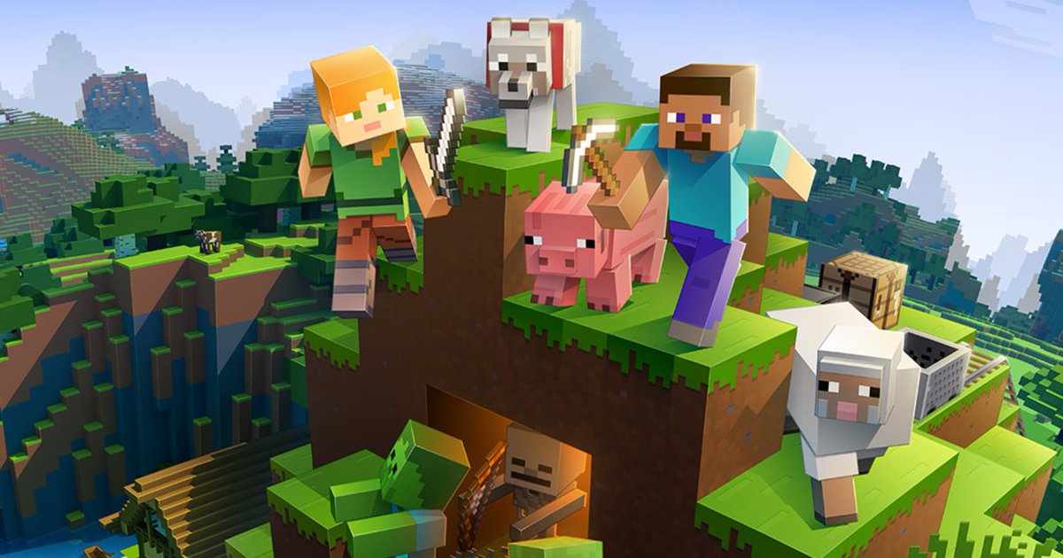 Colorful scene from Minecraft on Xbox with people, pig, and sheep atop a mountain overlooking the city.