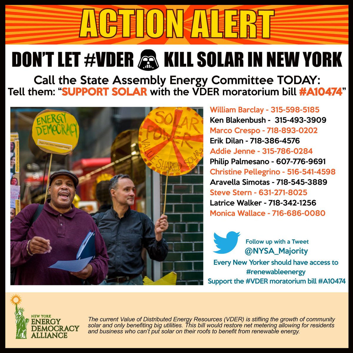 NYenergydem's tweet photo. Action Alert: Don’t let #VDER kill community solar in New York – CALL the State Assembly Energy Committee TODAY tell them to support the VDER moratorium bill #A10474 https://t.co/6gcJ5kjjOe
