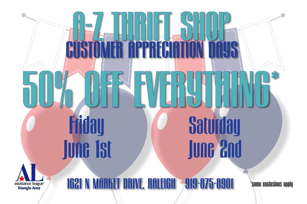 azresale's tweet image. ⏳#SaveTheDate! Customer Appreciation Days are coming!
50% OFF almost everything: FRIDAY JUNE 1st &amp;amp; SAT JUNE 2nd. #Thrifty shopping
