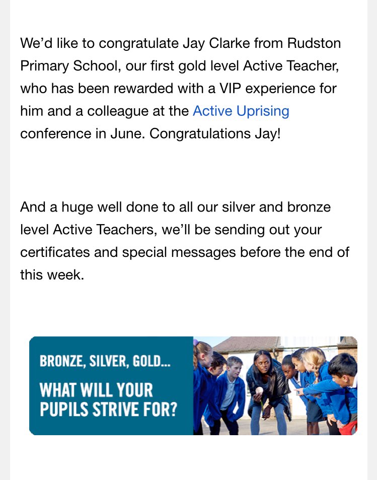 Very proud to be announced as the 1st Gold Level Active Teacher in the UK. I am lucky that I have been able to use sport and physical activity to support the learning of my class. It is true  #ActiveKidsDoBetterUk and I hope to share my ideas at #ActiveUprising @DiscoveryEdUk