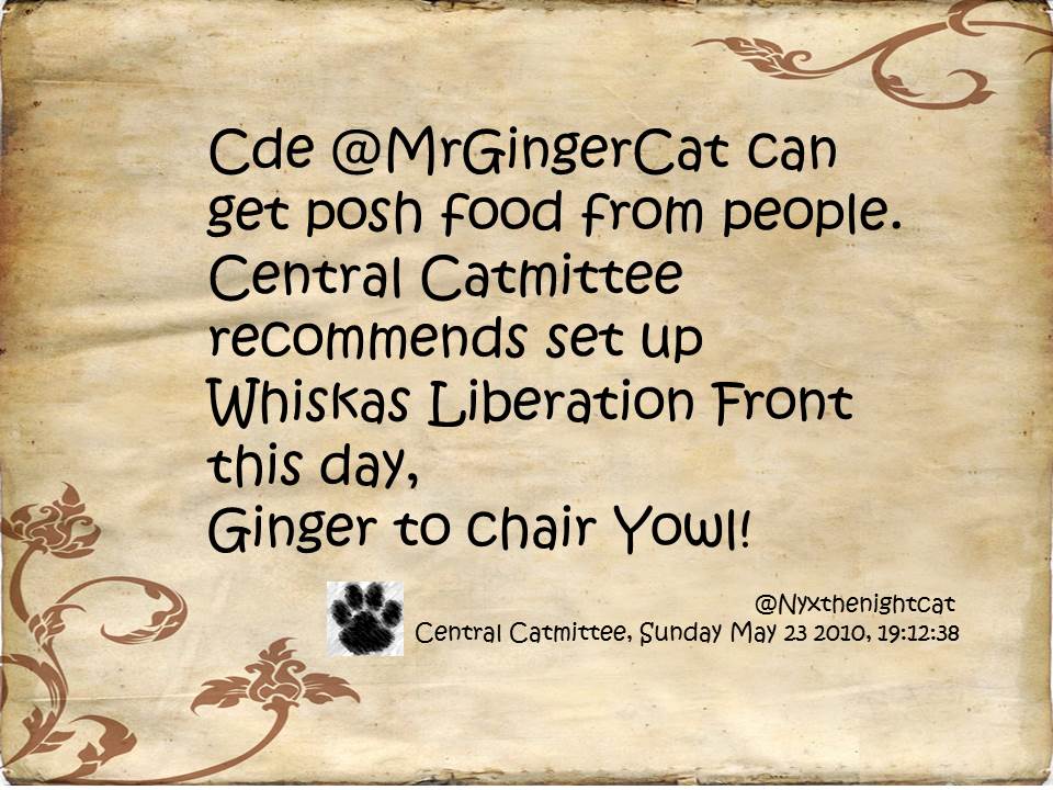 *trots into <a href="/CatAndTrumpet/">The Cat & Trumpet</a> * *rummages under bar* *brushes cobwebs off with beret* *props 1st #WLF tweet against bar* *raised paw*