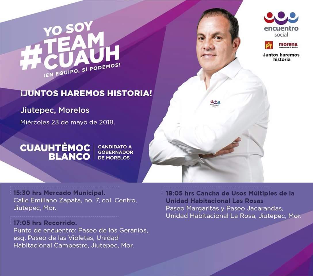 Amigos de #Jiutepec recuerden que el día de hoy tenemos una cita a las 15:30 Hrs. en el mercado municipal de esta entidad. Yo soy #TeamCuauh