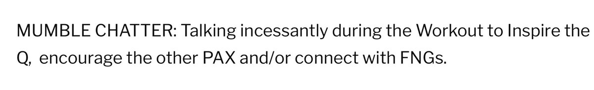 F3Nancy's tweet image. Alright, I’ll admit that I’ve been guilty of both, but #mumblechatter and chitter-chatter are two very different things. Carrying on a conversation while a Q is calling out exercises is just plain rude. Call me out if you catch me doing the latter.