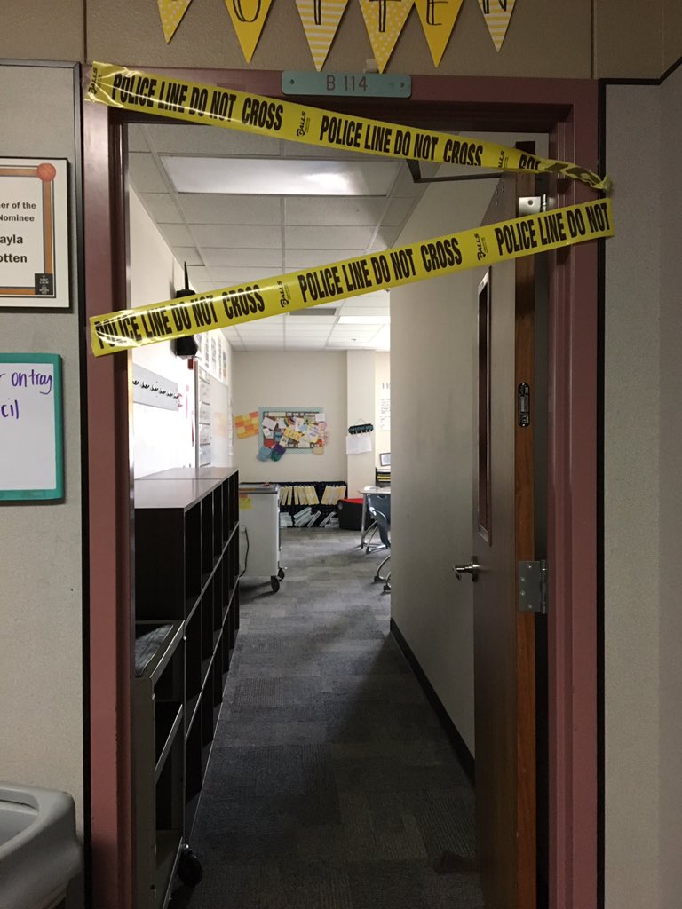 One of the MANY benefits of having an SRO - when you do a murder mystery in class you get crime scene tape. #villagenorth <a href="/RaeFreeman728/">Rae Freeman</a>