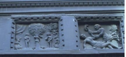 Dwuddy's tweet photo. 2/3 One panel shows Adam &amp; Eve expelled from Eden, next shows Cain killing Abel &amp; 3rd shows Abraham and Isaac (played by Barbers and Chandlers in 1540)  #guildfact @2018MysteryPlay @ChesterCath @chesterherifest https://t.co/37wIuBEMS5