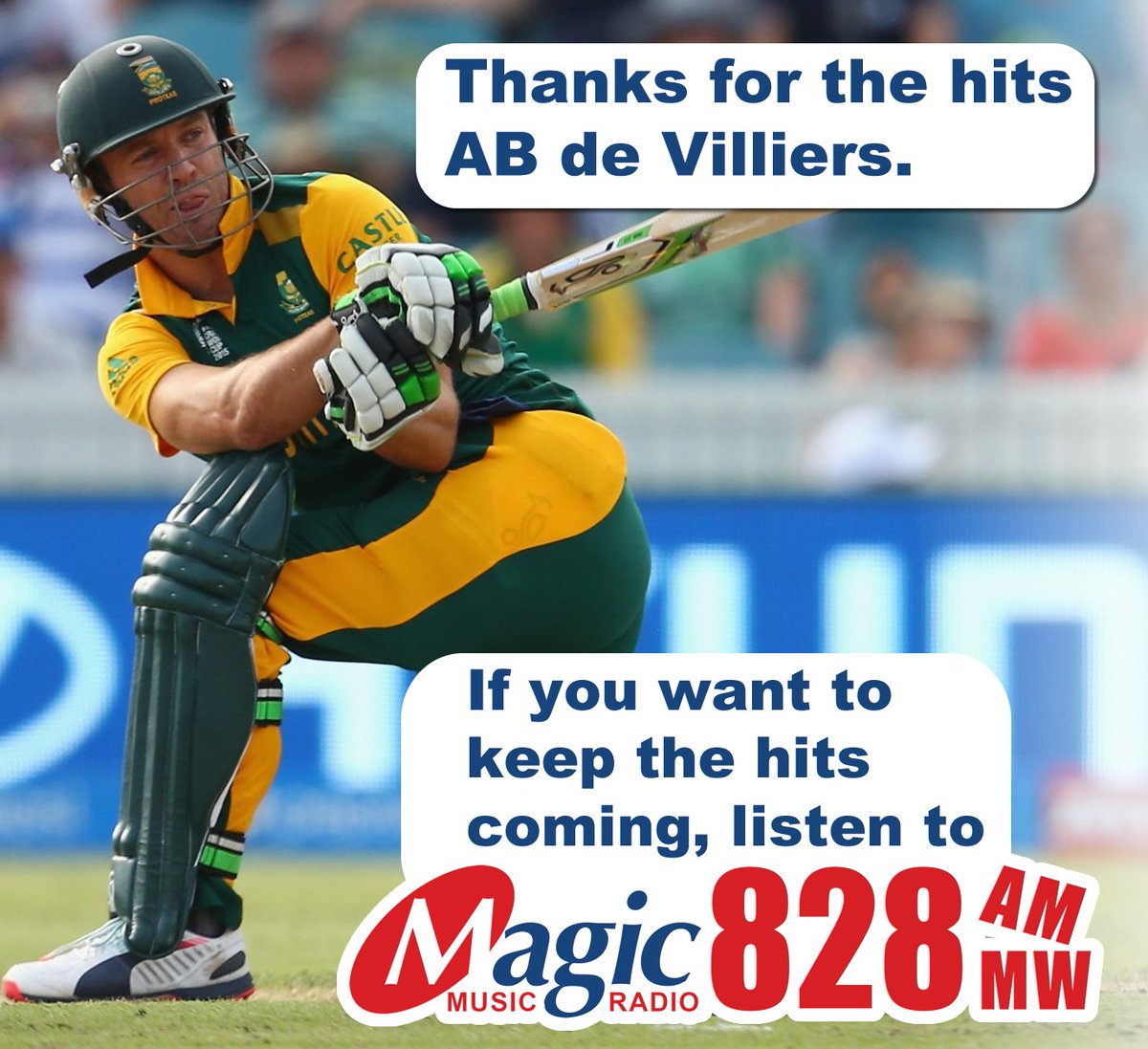 Magic828am's tweet photo. Thanks for the hits @ABdeVilliers17 - You are a #legend

#ABDevilliers #Magic828AM https://t.co/FNDFKE50Xp