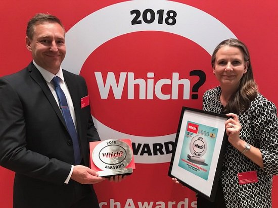 AskNationwide's tweet photo. Delighted and proud to win #WhichAwards2018 Banking Brand of the Year for the second year in a row! Here’s Sara Bennison, our Chief Marketing Officer, and Simon Gooding, our Regional Director for London, with the award. https://t.co/9xzIWWOEmD