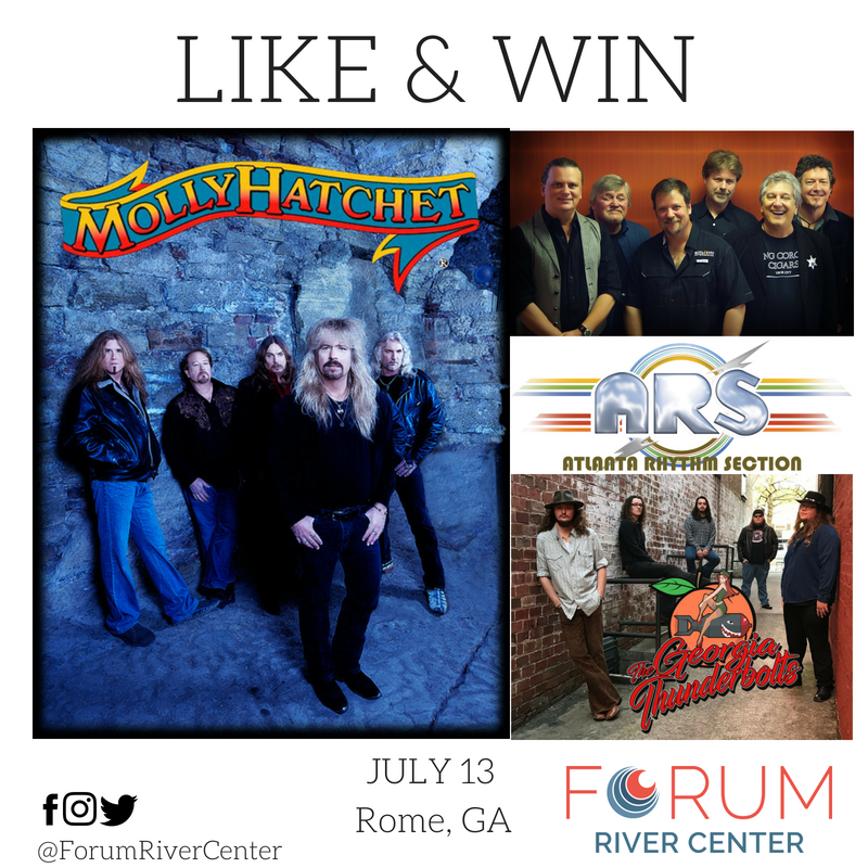 Visit our facebook page to see how YOU can win tickets to see <a href="/mollyhatchet/">Molly Hatchet</a>, <a href="/AtlantaRhythm/">AtlantaRhythmSection</a>, and <a href="/GAThunderbolts/">The Georgia Thunderbolts</a> July 13 at #forumrivercenter in #romegeorgia! #venuedog