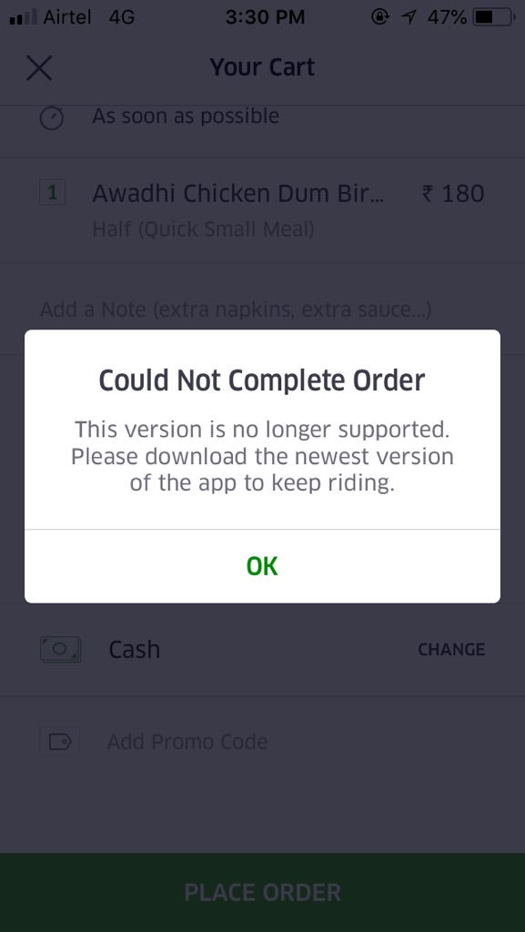 shaandaarr's tweet photo. Any idea why this is happening... The app is up to date , still it didn't take the order #UberEATS @UberEATS_IND https://t.co/SCVSQVGqBt