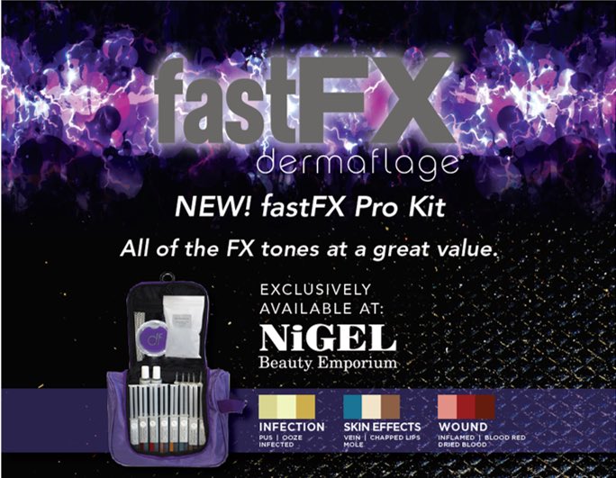 Dermaflage's tweet photo. Introducing the NEW FastFX Pro Kit! All of the FastFX tones, mixing tips, texture pad & primer in a compact bag! Offered exclusively at @nigelbeauty! Get yours- it’s the best value by far! #fastfx #nigelbeauty #outofthekit #specialeffects #specialeffectsmakeup https://t.co/IVJCybXMlu