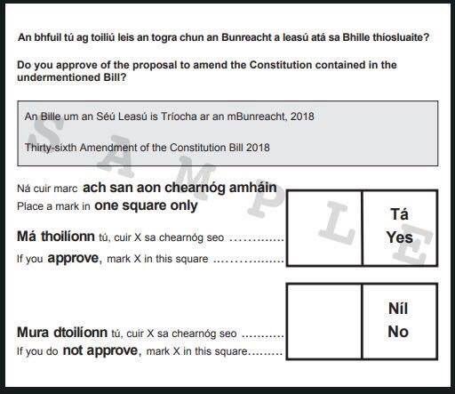 Aboutthe8th's tweet photo. This is what the ballot paper will look like.

The 36th Amendment Bill would (i) remove Art 40.3.3 (8th Amendment) &amp; (ii) insert 'Provision may be made by law for regulation of termination of pregnancy'.

Tá = repeal/change
Níl = retain/no change

#8thref @loveboth8 @Together4yes https://t.co/D9BrXKJKWA