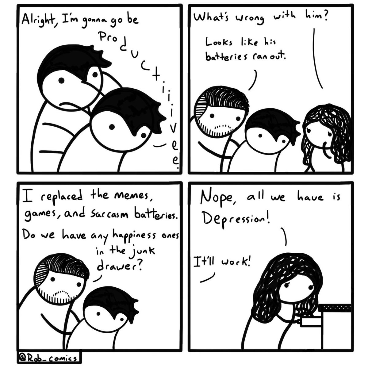 Rob_comics's tweet photo. My batteries feel extra drained lately.
#wednesdaythoughts #WednesdayWisdom #Wednesday #wednesdaymorning #comic #comics #webcomic #funny #relatable #memes #sarcasm #depression #life #friendship #cute #art #ipad #robcomics https://t.co/3LAKr3plsP