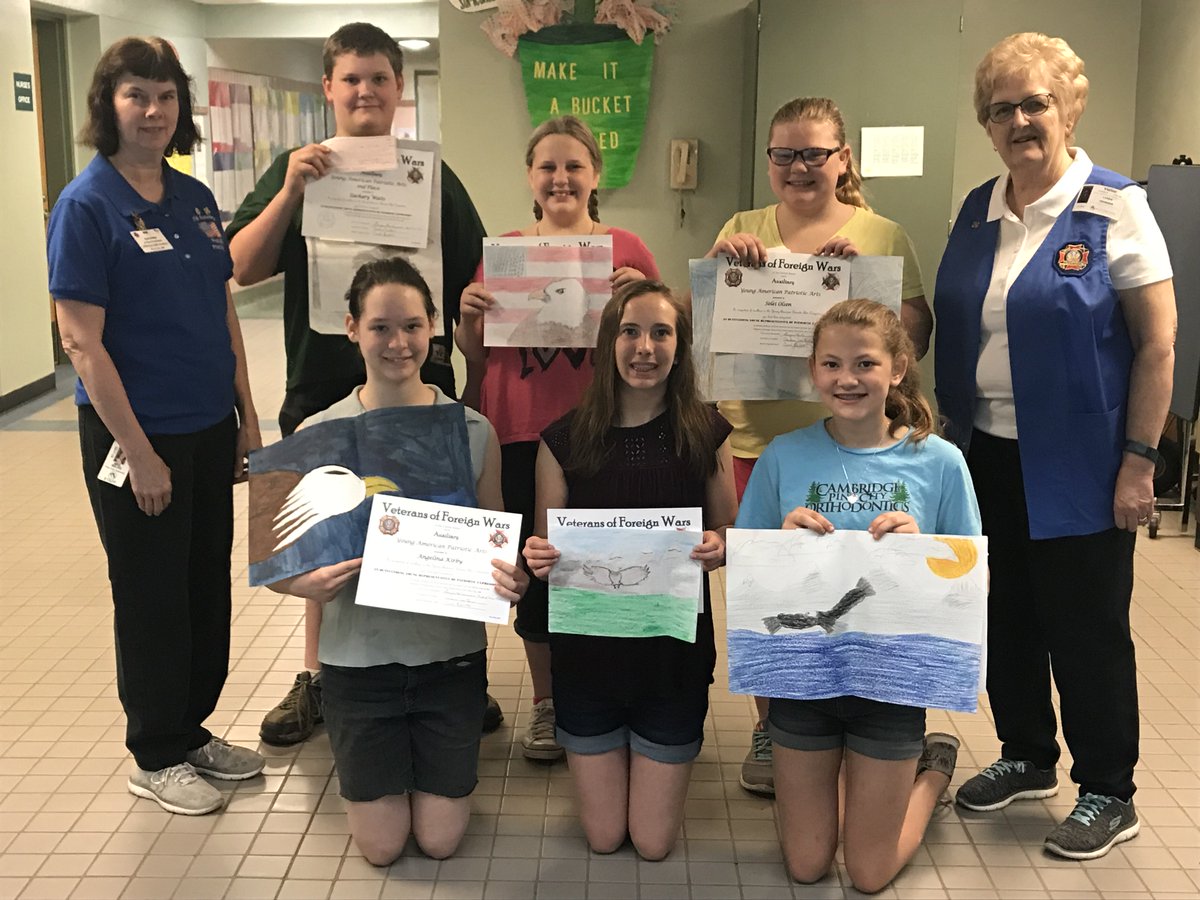 PCEDragons's tweet photo. Members of the local VFW awarded Pine City Elementary students with pins, cash prizes, and awards for their participation in the Patriot art and essay contest. Congratulations! https://t.co/CjCJBOz8nB