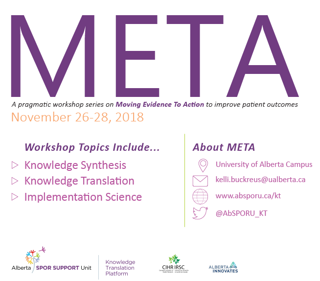 AbSPORU_KT's tweet photo. Mark your calendars for our META workshop series this fall! #MovingEvidenceToAction #November #KnowledgeSynthesis #KnowledgeTranslation #Implementation https://t.co/i6AoCCTwMw