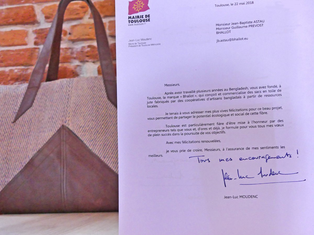 Merci <a href="/jlmoudenc/">Jean-Luc Moudenc</a> pour vos encouragements super motivant !

On espère que ça portera chance à notre sac SONALI ☀️😉
#Toulouse  #jutedoit #éthiquementstylé #bhallot #jute