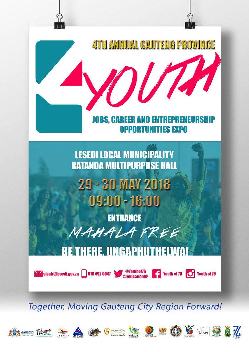 Come to #GautengYouthExpo 29- 30 Jun, Ratanda Multipurpose Hall 09:00-16:00. Entrance:Free! Don't miss out! <a href="/LesediLocalMuni/">Lesedi_Local_Municipality</a> @Tshepo1Million