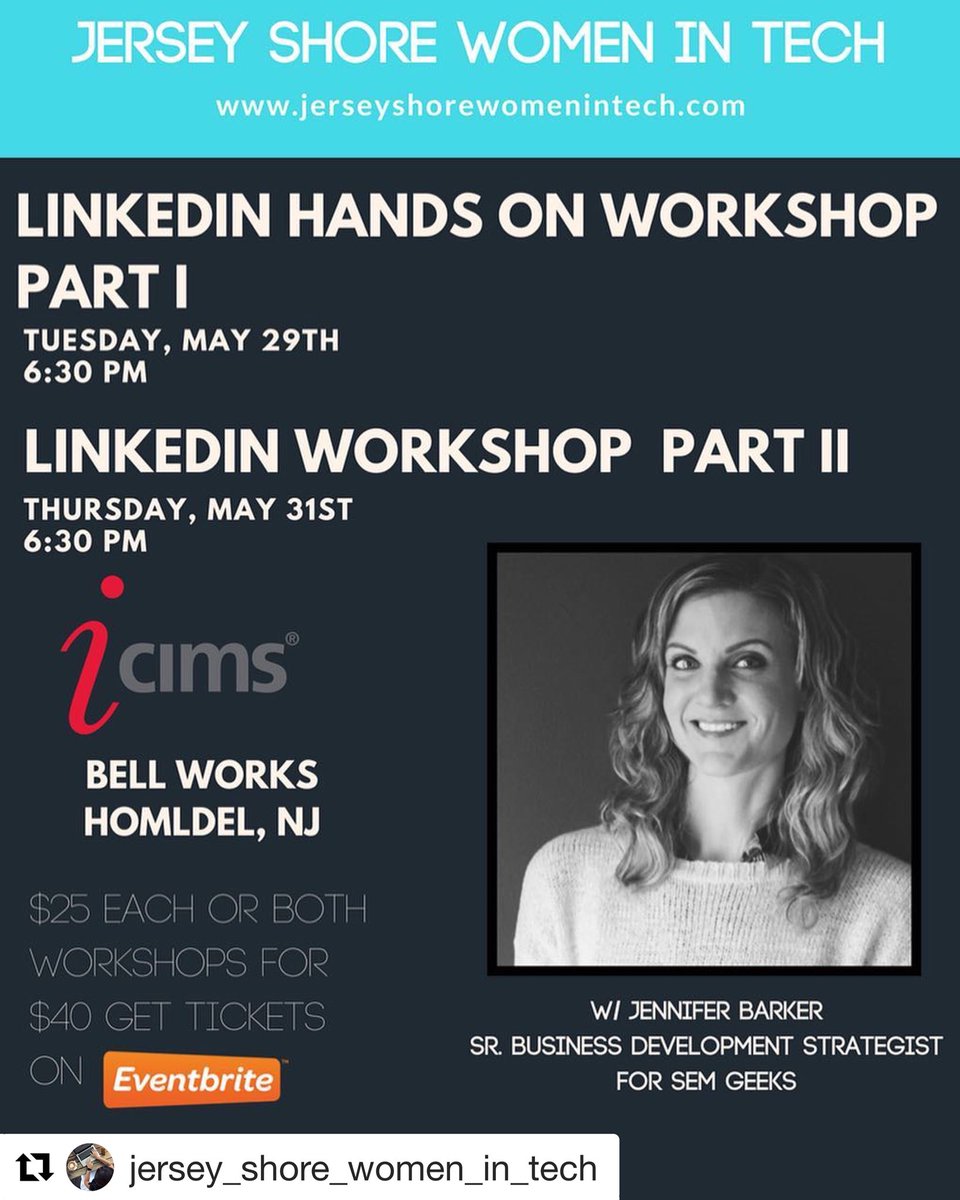 jswomentech's tweet photo. We are hosting our 1st workshop next week @iCIMS @BellWorksNJ all about @LinkedIn Register here - https://t.co/BVh69Q8Lw3 #jerseyshorewomenintech #jswt #njtech #jerseyshoretech #womenintech #linkedinworkshop #holmdelnj #BellWorks #icims https://t.co/dWRC4s5iwZ