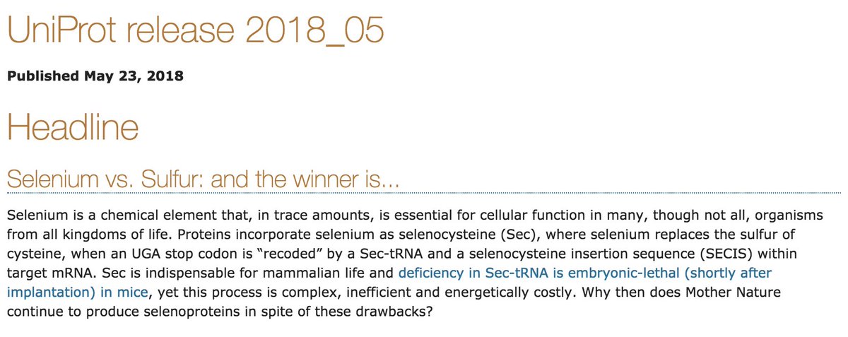 uniprot's tweet photo. Release 2018_05 now out with 116,236,302 proteins! Read headline article 'Selenium vs. Sulfur: and the winner is...' about related updates to GPX4 entries and UniProt release news at https://t.co/QXlWiE4Su5. https://t.co/OPSWBALGVU