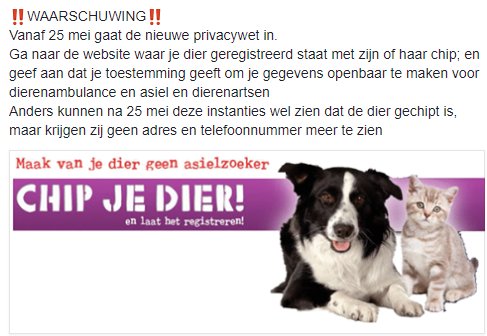 WAARSCHUWING ! Privacywet en #CHIP gegevens. Va 25 mei zijn chipgegevens niet meer in te zien, ook niet voor instanties, tenzij je voor die tijd TOESTEMMING geeft dat dit wel mag (via website waar dier geregistreerd staat) facebook.com/dierentwente/p…