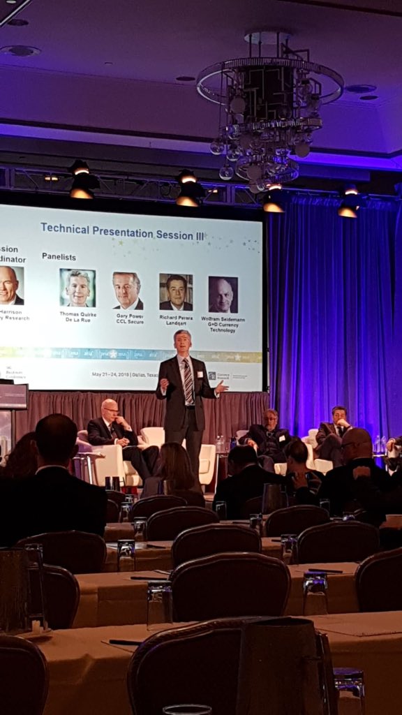 DeLaRuePlc's tweet image. Thomas Quirke, De La Rue, currently presenting on the ‘Top five changes in banknotes in the next five years’ #BanknoteConference2018