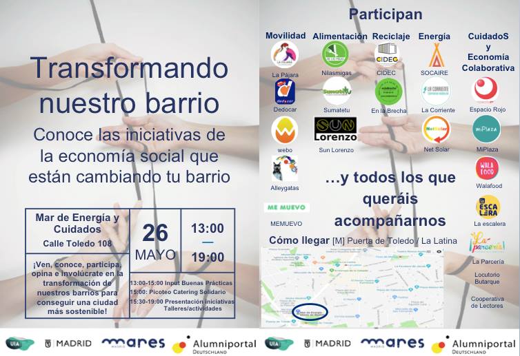 📢Este sábado vamos a compartir, junto con <a href="/alumni_de/">Alumniportal DE</a>, buenas prácticas y proyectos en 'Transformando nuestro barrio'. 
De 13h a 19h en C/Toledo 108. ¡Te esperamos para construir colectivamente una ciudad más sostenible! #BarriosSostenibles #ODS
maresmadrid.es/evento/transfo…